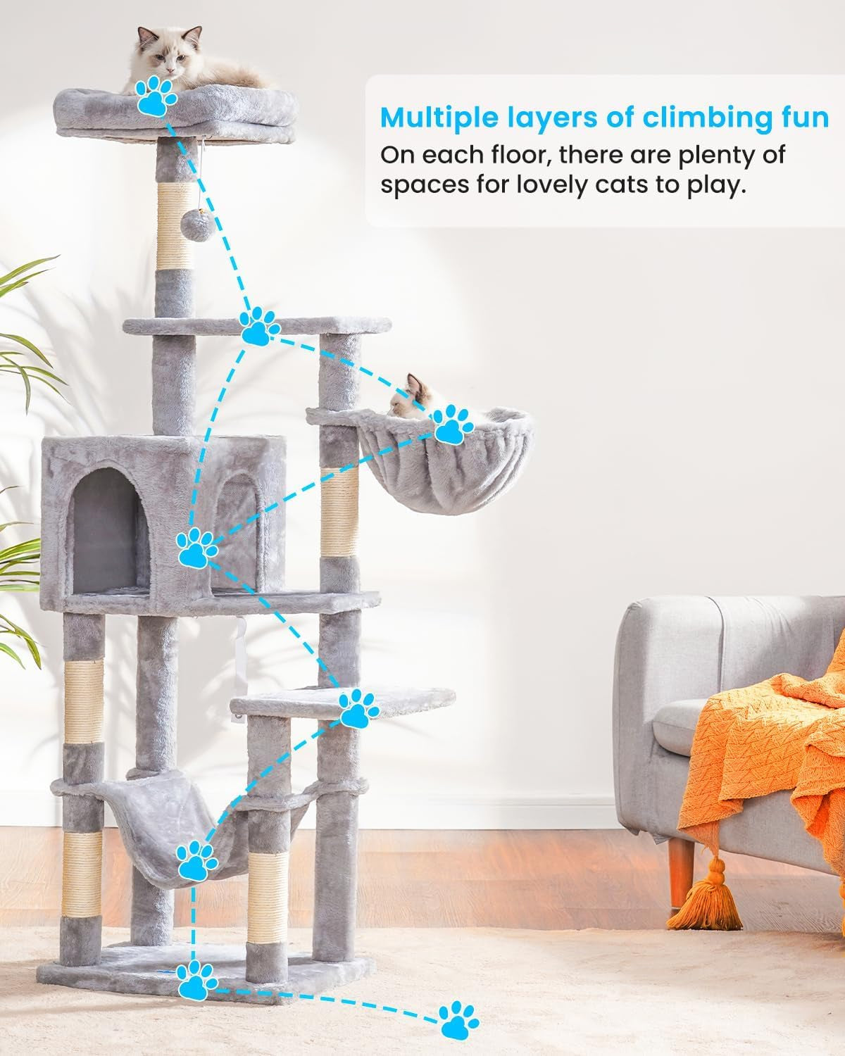 Hey-Brother Cat Tree with Large Hammock, Multi-Level Cat Tower for Indoor Cats, Cat Condo with Sisal-Covered Scratching Posts and Top Perch, Light Gray MPJ050W