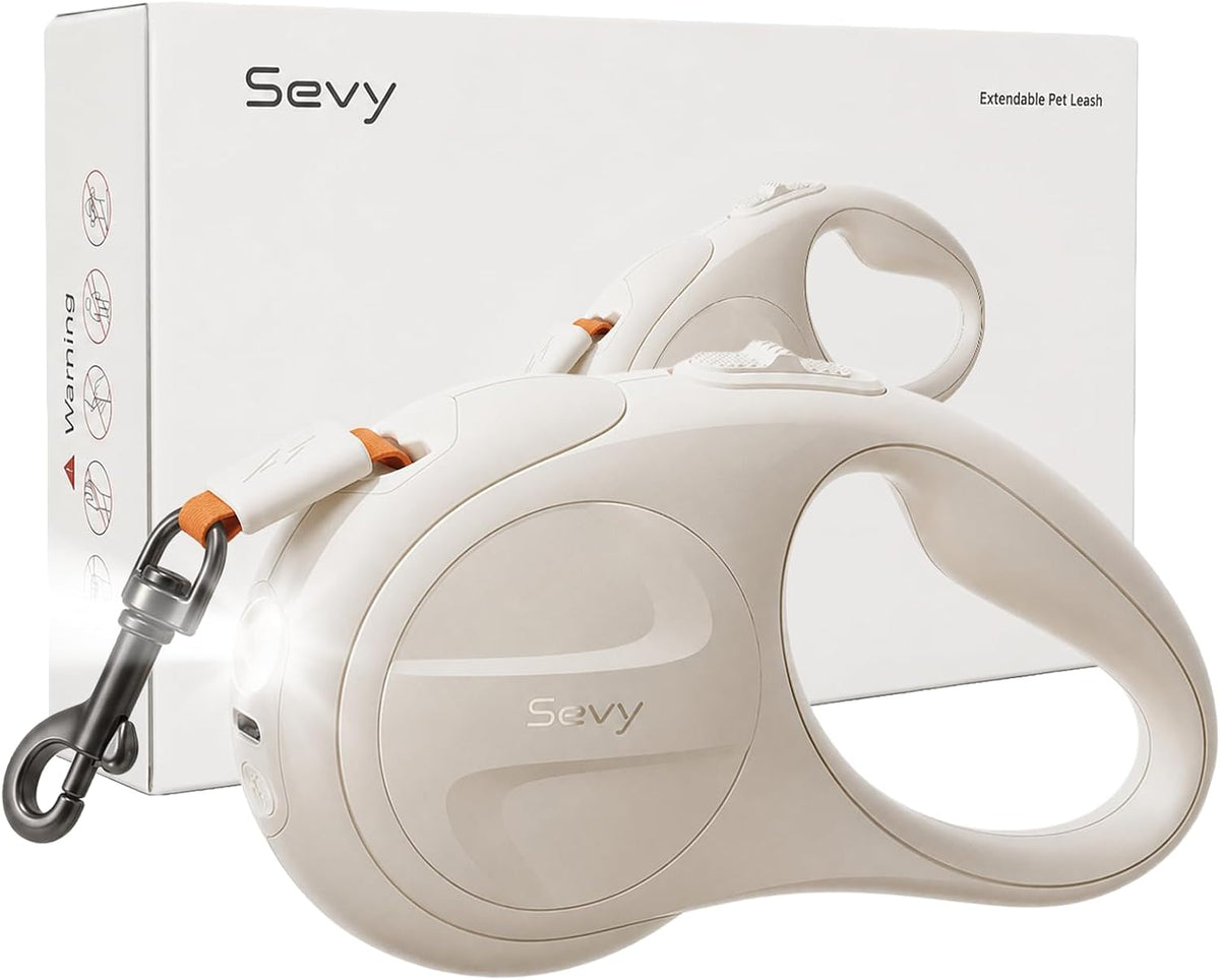 Sevy Glowie Retractable Dog Leash with LED Light, 16FT Retractable Dog Leash for Small Medium Large Dogs up to 66 Lbs, 360° Tangle-Free Nylon Tape, One-Hand Brake, Pause & Lock,Anti-Slip Handle