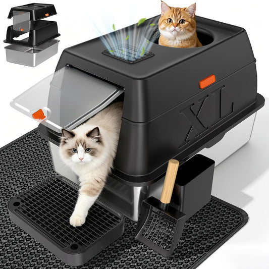 XL Enclosed Stainless Steel Litter Box with Lid,Black | Scoop & Step & Mat Included ,Covered, High Sided, Rustproof & Leak Proof, Easy Clean, Odor Control