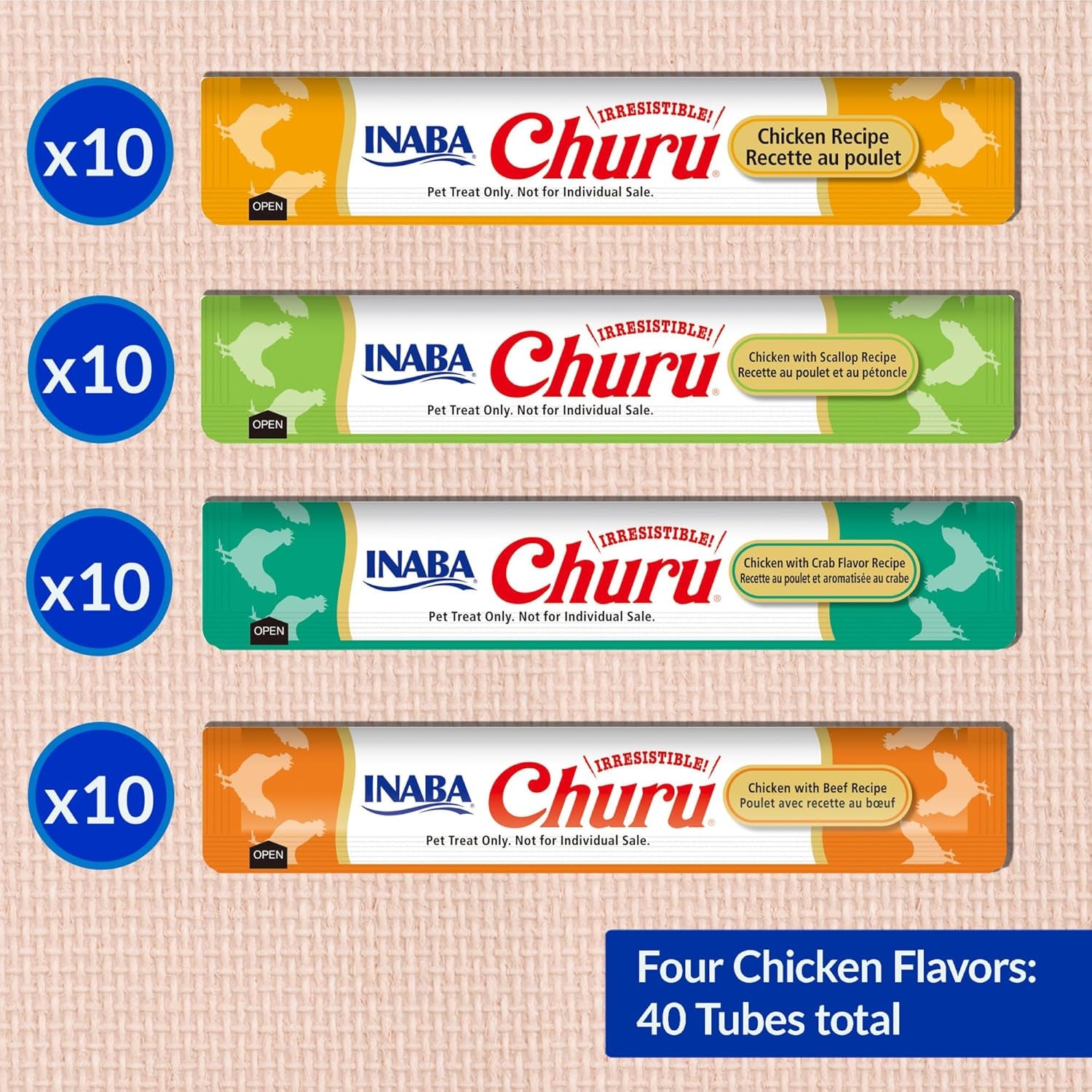 INABA Churu Cat Treats, Lickable, Squeezable Creamy Purée Cat Treat with Green Tea Extract & Taurine, 0.5 Ounces Each Tube, 40 Tubes, Chicken Variety Box