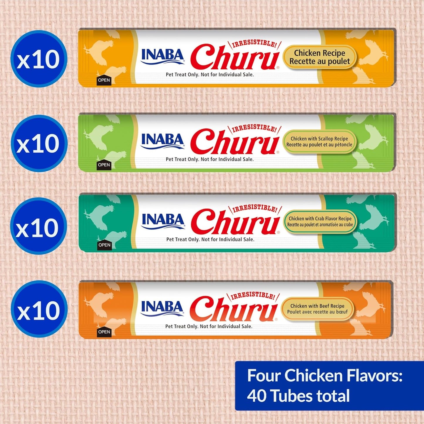 INABA Churu Cat Treats, Lickable, Squeezable Creamy Purée Cat Treat with Green Tea Extract & Taurine, 0.5 Ounces Each Tube, 40 Tubes, Chicken Variety Box