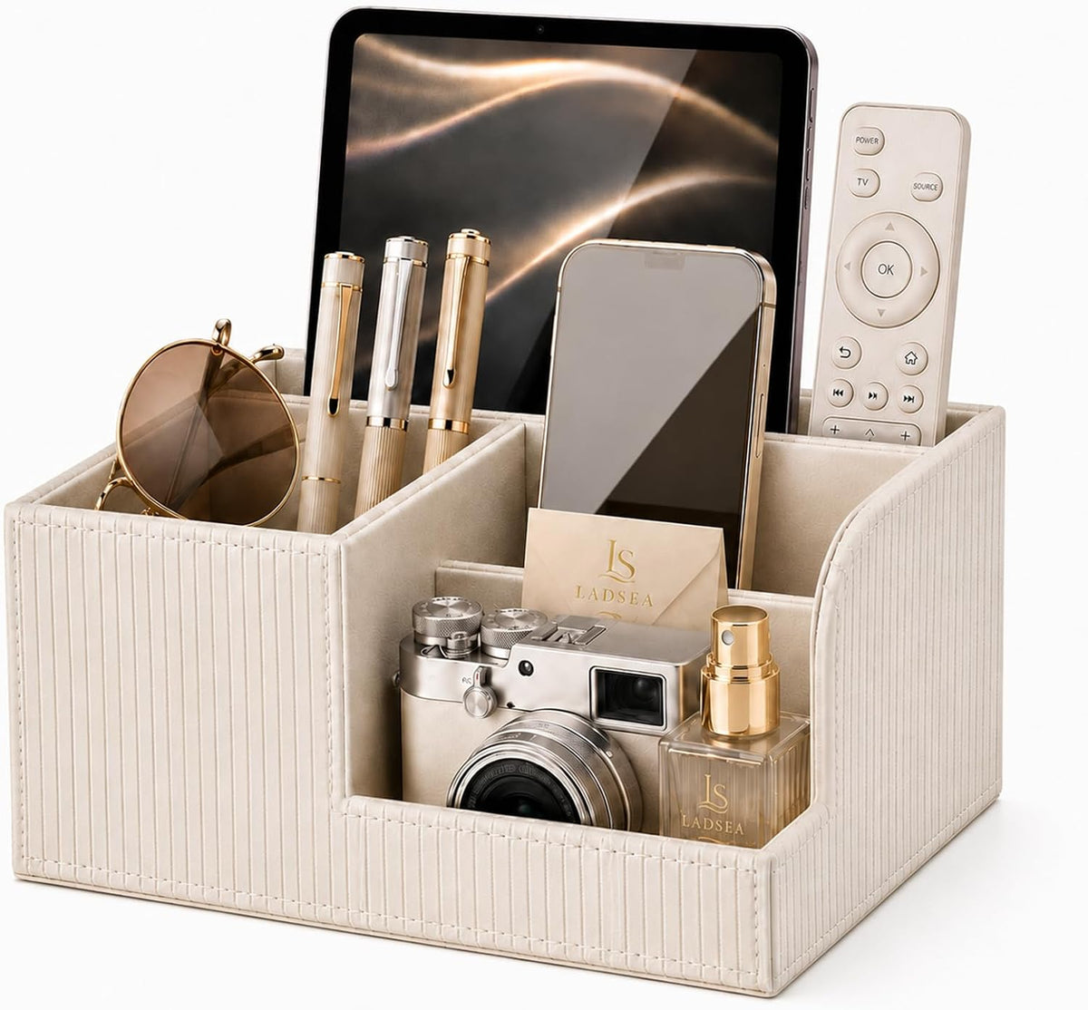 Pen Holder for Desk, 4-Compartment PU Leather Desk Organizer, Cream