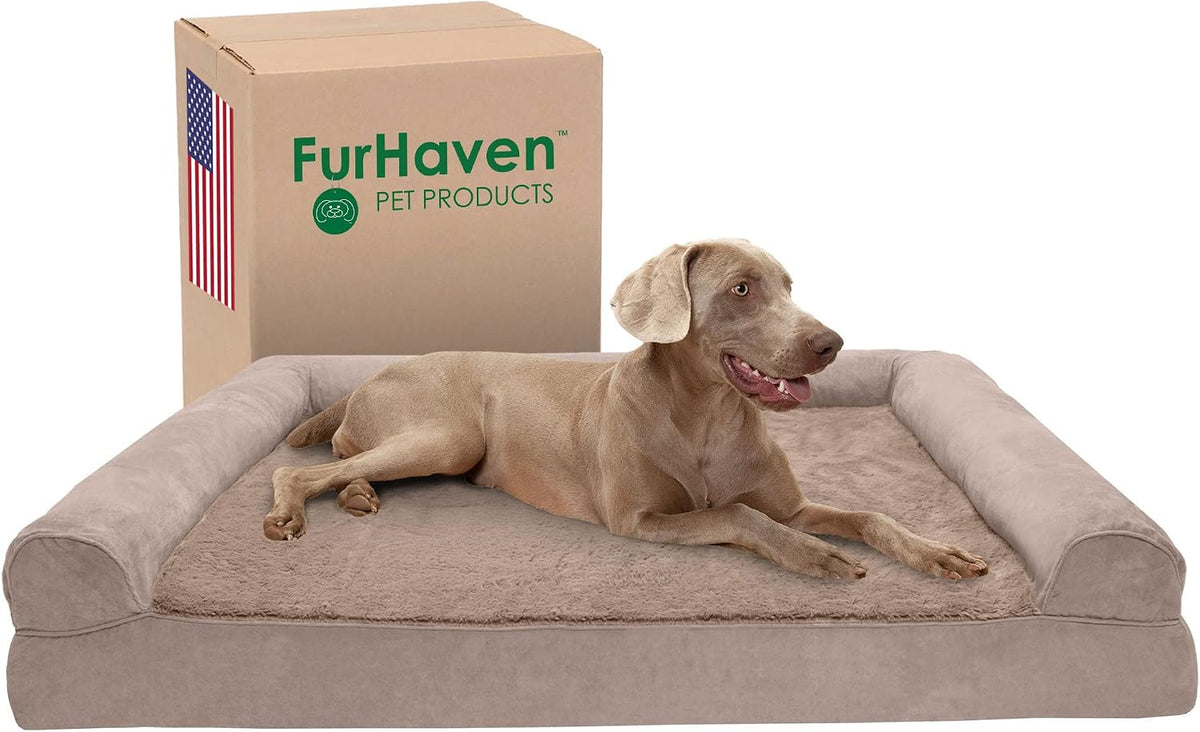 Furhaven Cooling Gel Dog Bed for Large Dogs W/ Removable Bolsters & Washable Cover, for Dogs up to 125 Lbs - Plush & Suede Sofa - Almondine, Jumbo Plus/Xxl