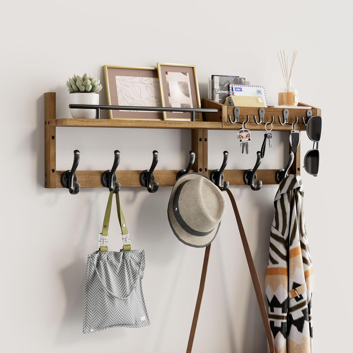 29 Inch Coat Rack Wall Mount with Shelf, Entryway Wall Shelf with Hooks, Heavy Duty Coat Hanger Wall Mount with Key Holders and Mail Organizer for Living Room, Bedroom, Brown