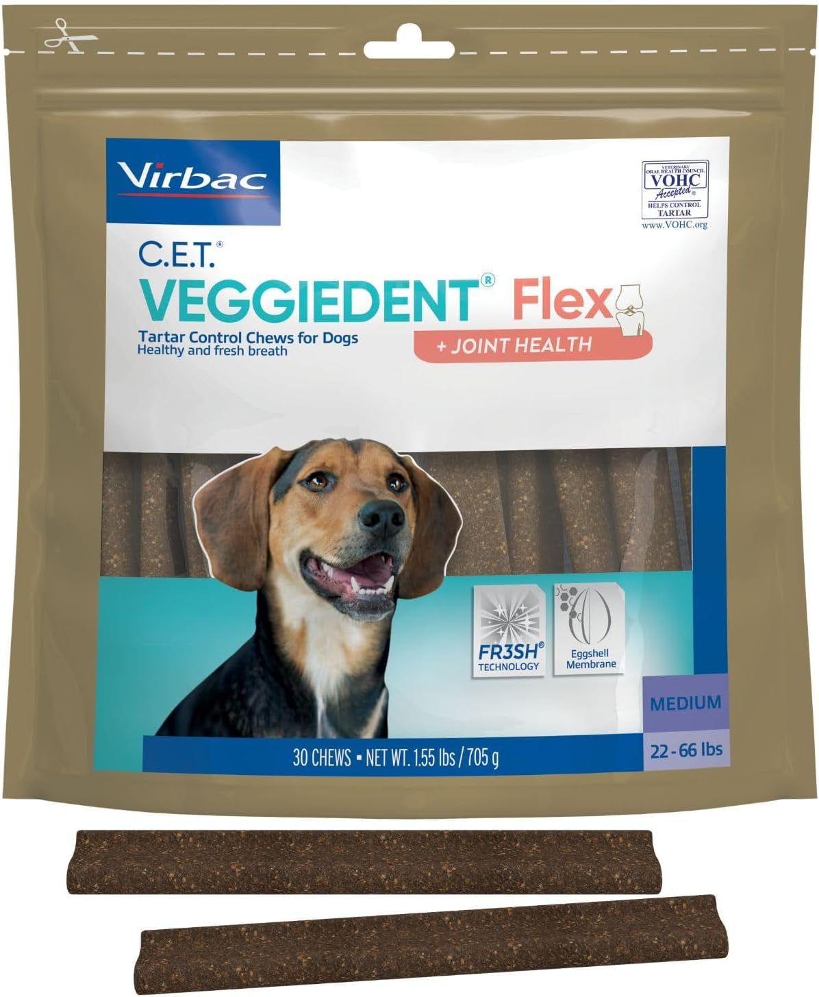 Virbac C.E.T.® VEGGIEDENT® Flex Tartar Control Chews for Dogs - Multifunctional to Support Joint Health, VOHC Approved - Medium 22-66Lbs