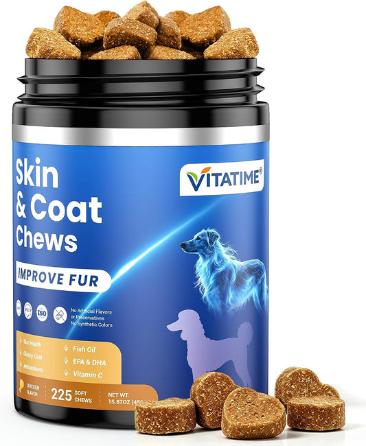 Omega 3 Skin Coat Chews for Dogs 225 Count 450G, EPA DHA Biotin Zinc Fish Oil, Reduce Shedding & Support Sensitive Itchy Skin