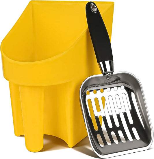 Linkidea Cat Litter Scooper with Holder, Stainless Steel Heavy Duty Metal Litter Scoop with Container, Fast Sifting for Clumping Litter for Easy and Efficient Cleaning