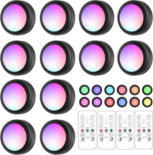 LED Puck Lights with Remote Control, 16 Color Changeable under Cabinet Lights with Control & Timing, Battery Operated Wireless Closet Lights for Closet, Bedroom,Kitchen,12 Pack - Black