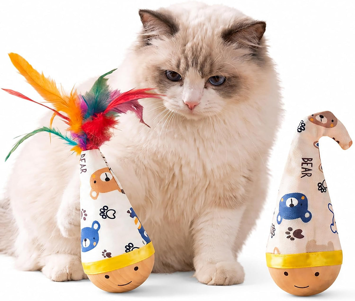 Wood Wobble Cat Toy 2-Pack, Interactive Tumbler for Indoor Bored Cats Play