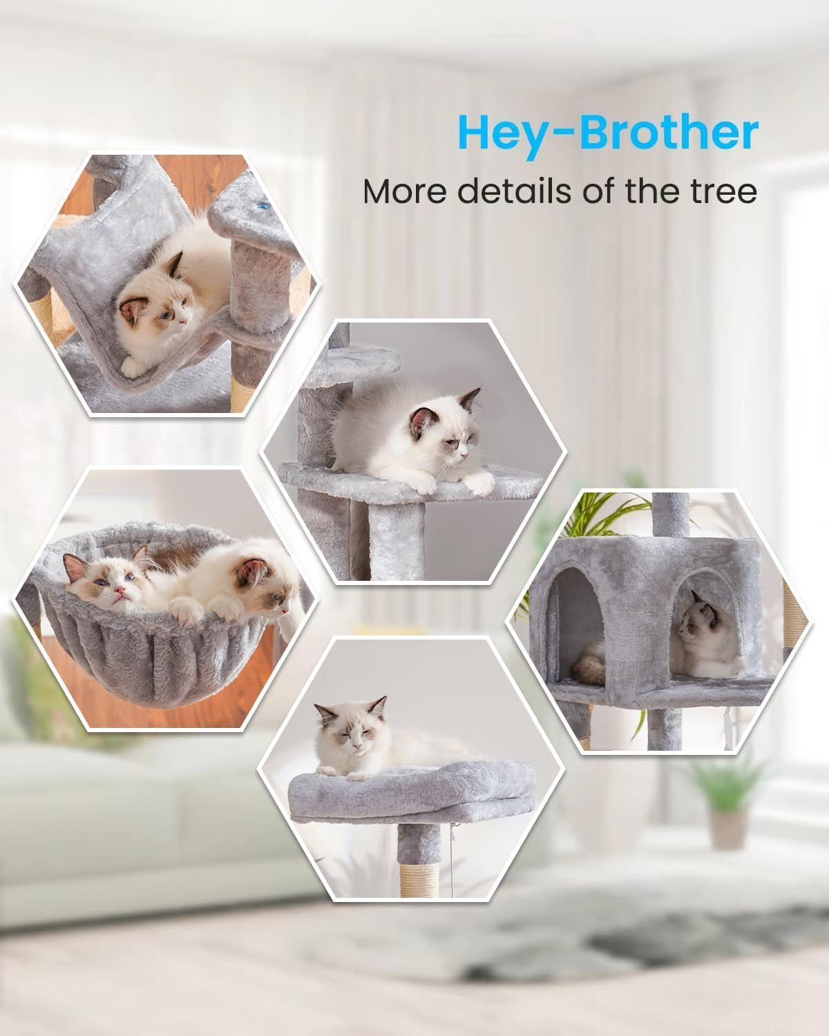 Hey-Brother Cat Tree with Large Hammock, Multi-Level Cat Tower for Indoor Cats, Cat Condo with Sisal-Covered Scratching Posts and Top Perch, Light Gray MPJ050W