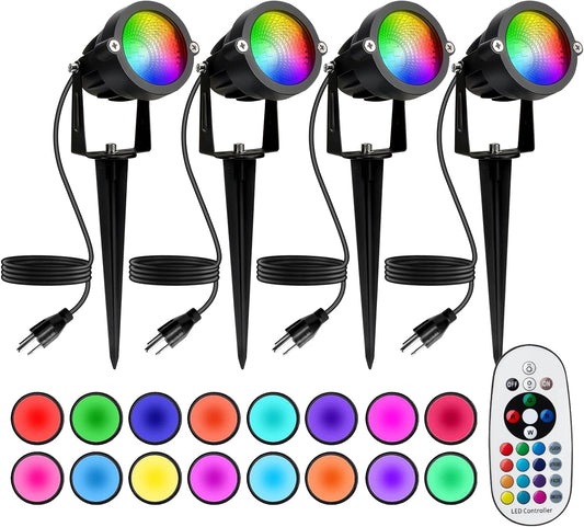 Halloween Christmas Spotlight Outdoor: 12W RGBW LED Spot Lights Outdoor with 16 Color Changing for Yard Garden Decor | 4 Pack of IP65 Waterproof 120V Plug in Landscape Lighting with Remote