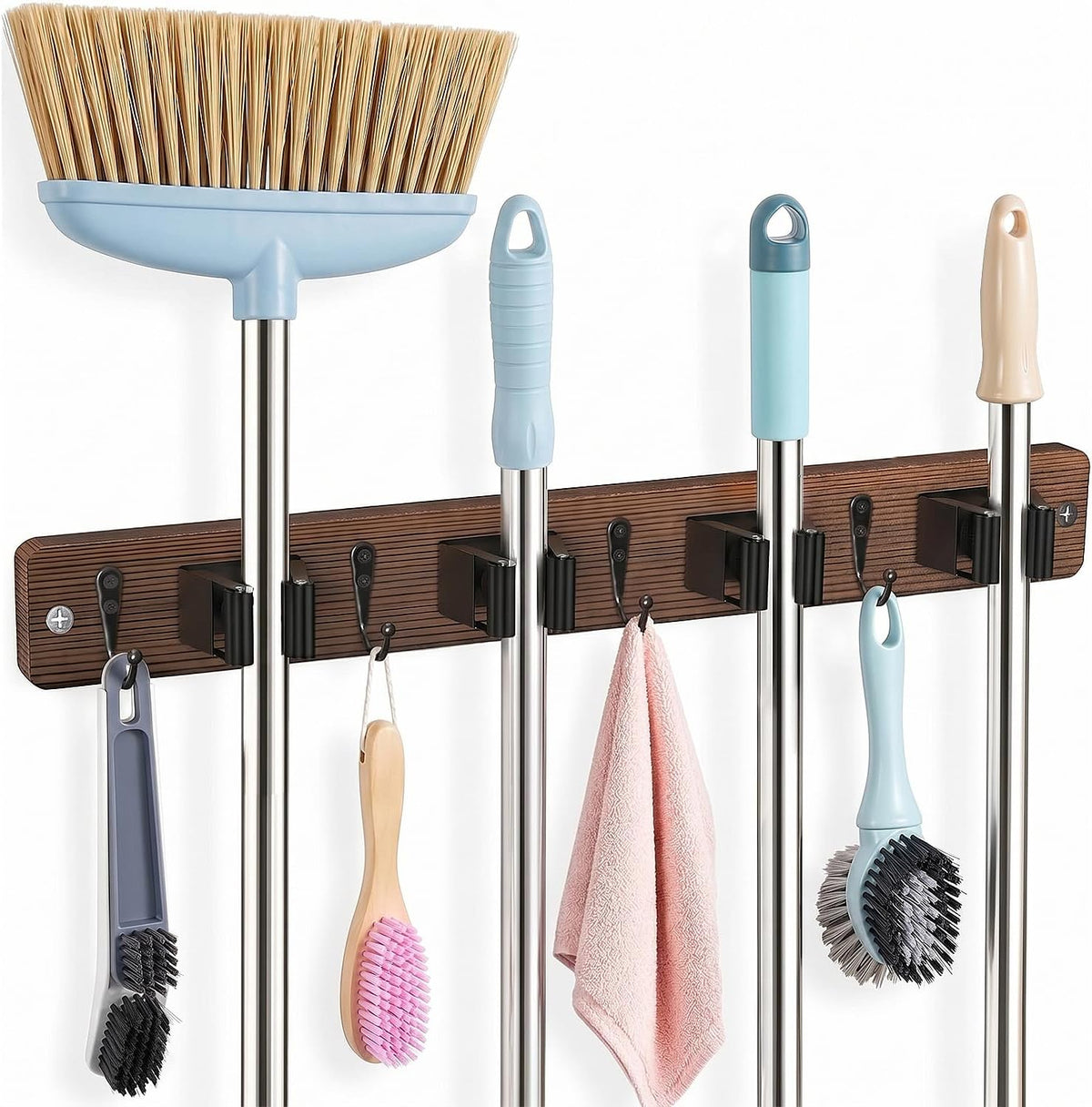 Broom Holder Wall Mount, 4 Holders 4 Hooks Mop and Broom Organizer