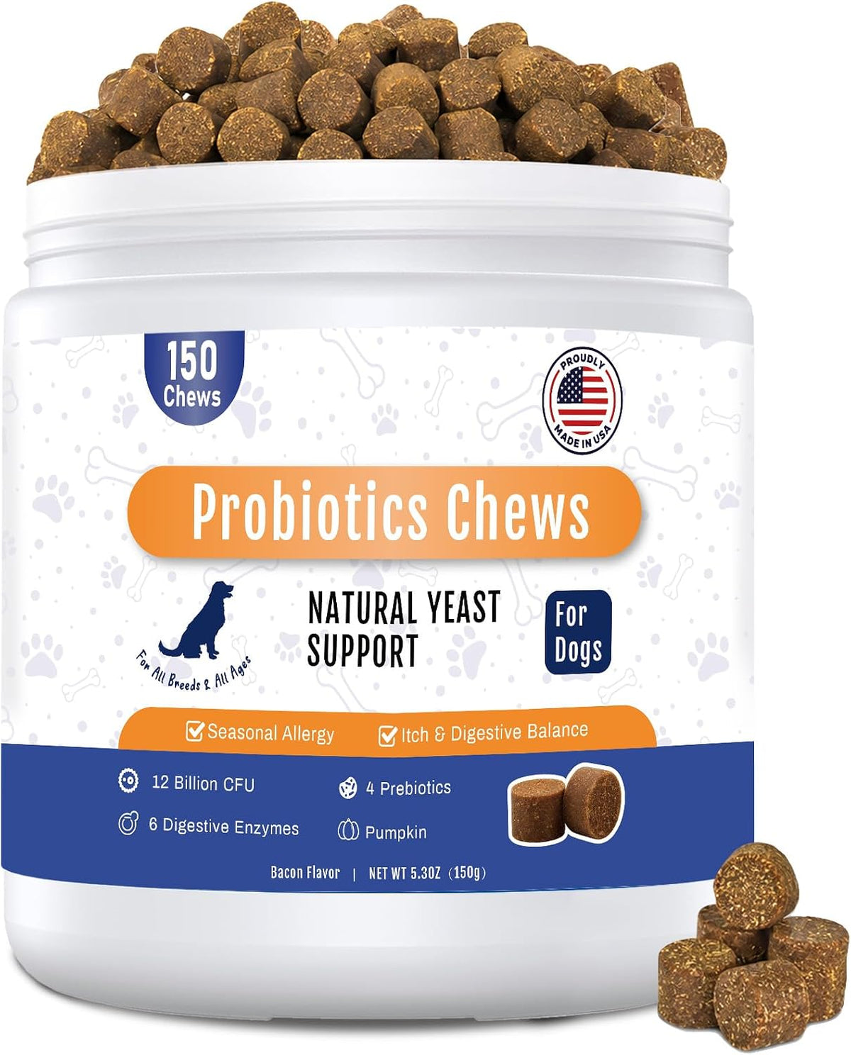 Probiotics for Dogs Dog Probiotic Chews for Yeast Itch Relief Ears Skin Coat, Gut Digestive Health & Immune Support with 12Billion CFU Probiotics, 6 Enzymes, 4 Prebiotics, Pumpkin, 150Ct