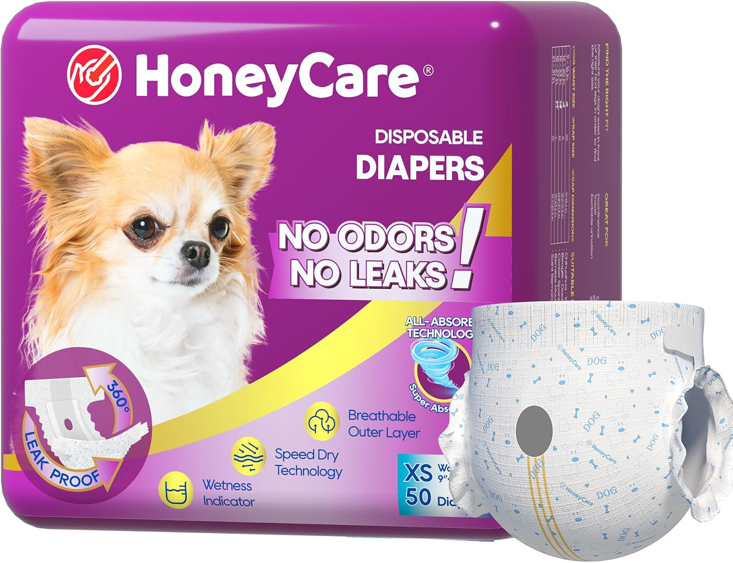 HONEY CARE All-Absorb Disposable Female Dog Diapers Extra Small Size, Improved, 50 Count, Super Absorbent, Breathable, Wetness Indicator (Pack of 1, 50 Count Total)