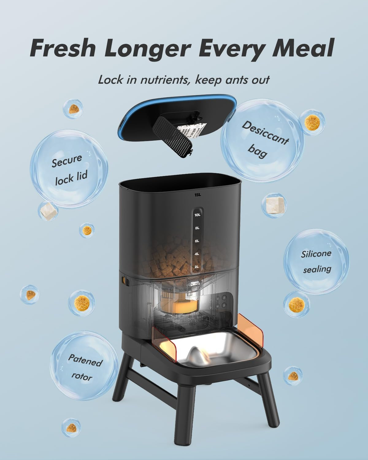 Automatic Dog Feeder for Large Breed - 15L/ 63 Cups Anti-Clog Dog Food Dispenser for 2-23Mm Kibble, Elevated Stand, Large Food Tray, Dual Power, up to 50 Portions 6 Meals per Day, Keeps Fresh
