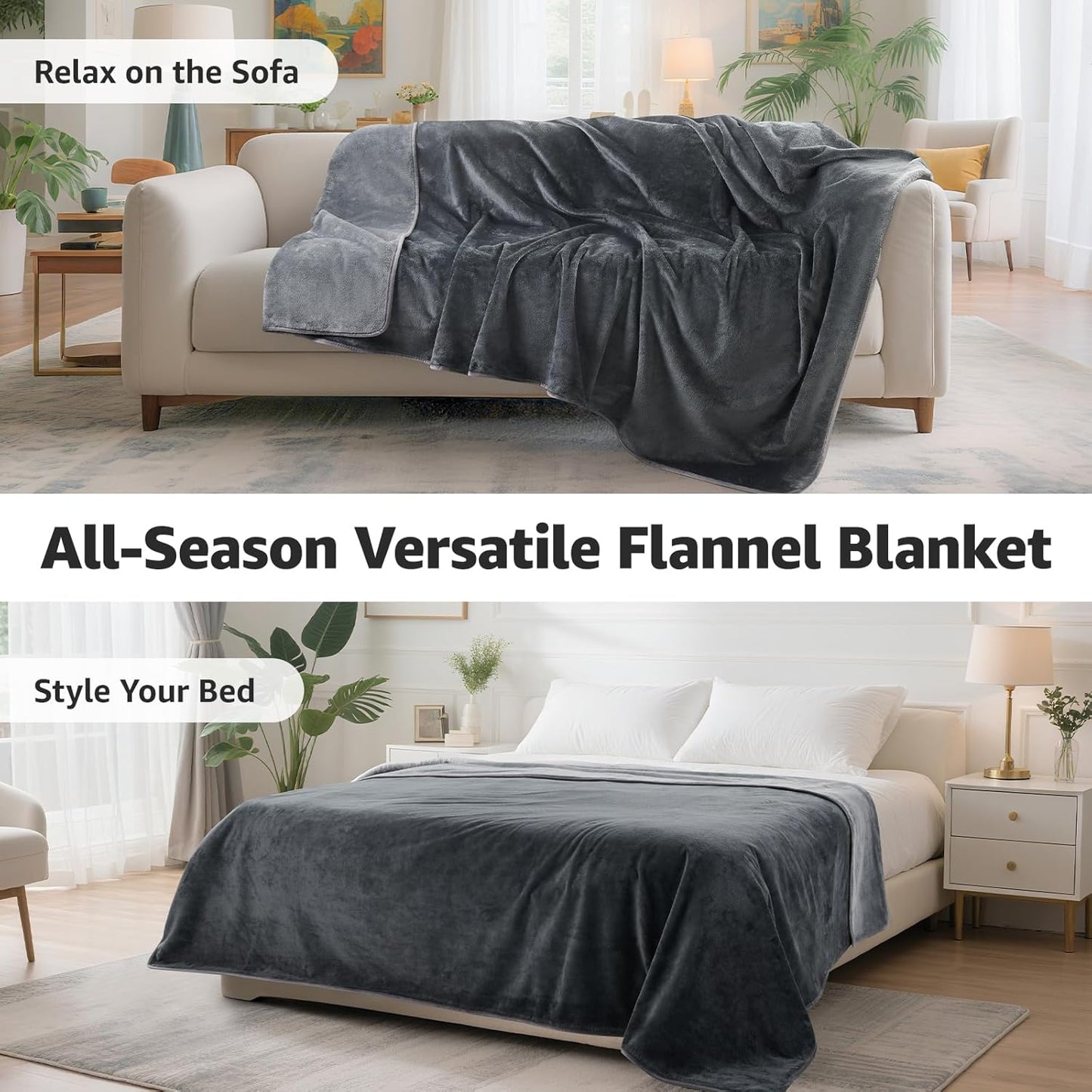 LOOBANI Waterproof Blanket for Bed: Reversible Soft Flannel Twin Bed Blanket 60" X 80", Leakproof Throw Spill-Proof Dog Pet Blanket for Couch, Sofa Protect, Movie Time, Camping, Travel, Grey