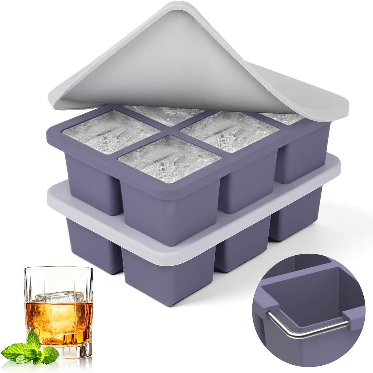 Mossime Large Silicone Ice Cube Trays with Lids, 2 Pack, Makes 2-Inch Cubes