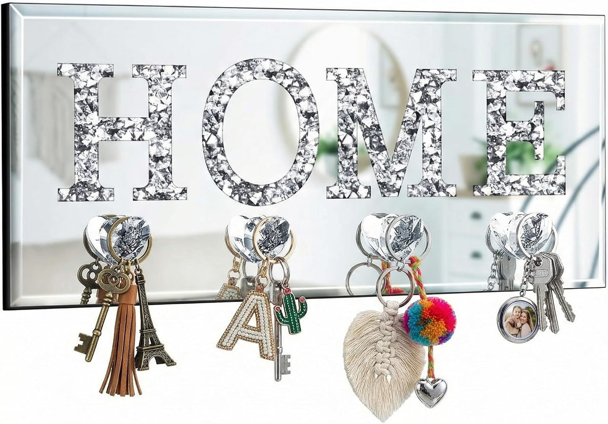 Yalikop Mirrored Key Holder Wall Decor with Heart Hooks, Silver