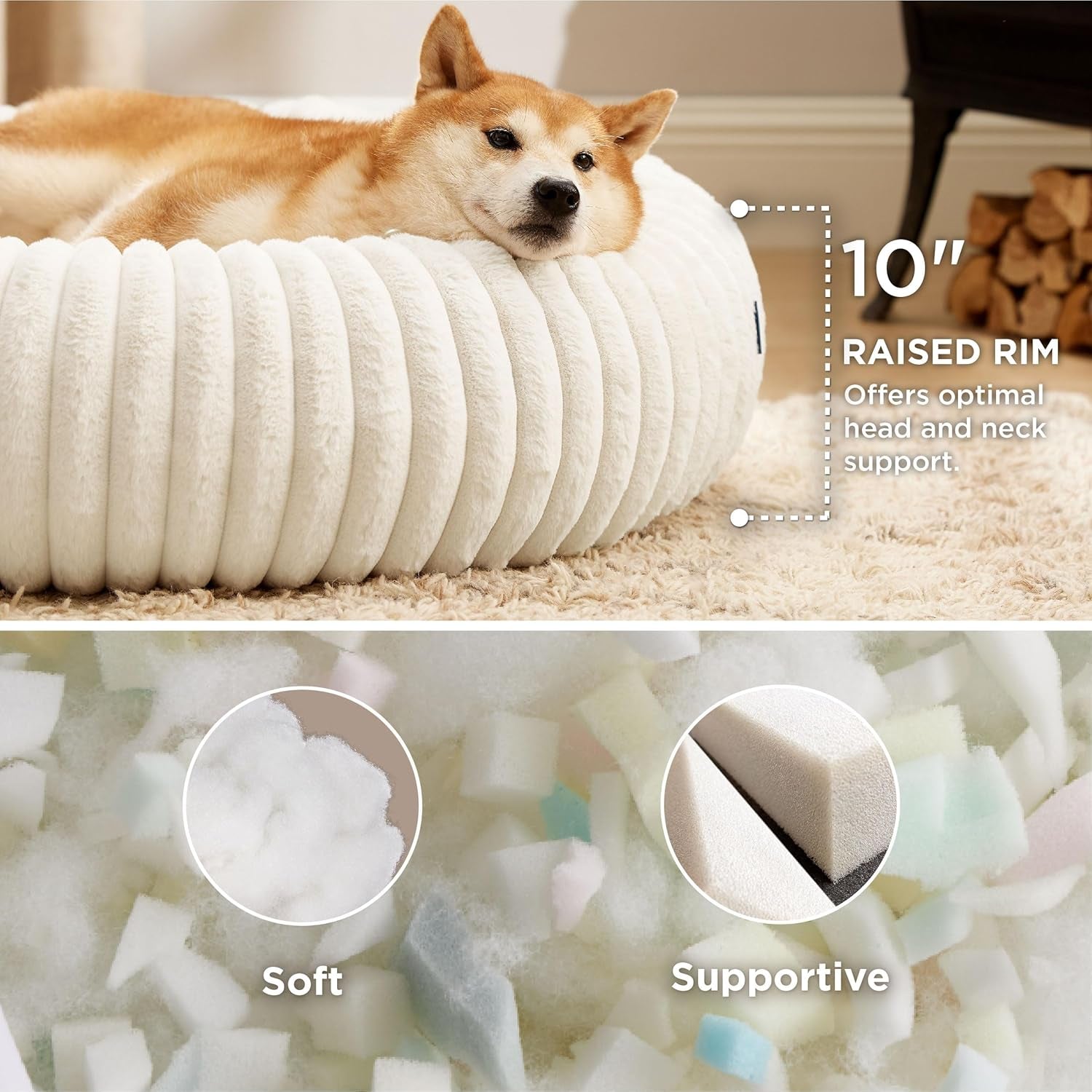 Bedsure Donut Large Dog Bed 36X36X8 Inches with Waterproof Dog Blankets for Medium Dogs 30"X40", Cream