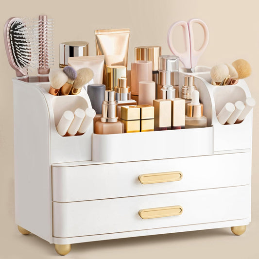 Hblife Makeup Organizer for Vanity with Brush Holder, Large Bathroom Countertop Cosmetic Organizer Skin Care Storage, Easy to Store Lipsticks, Nail Polishes, Perfumes, Eyeshadow Palettes, All White