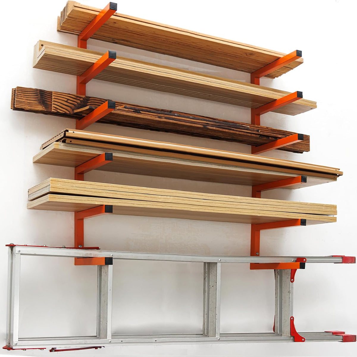 MOOMSINE Lumber Storage Rack Wall Mounted, 6-Level Holds up 1200 Lbs Heavy Duty Wood Organizer, Metal Shelf for Shed, Workshop, Garage - 4Pack, Orange