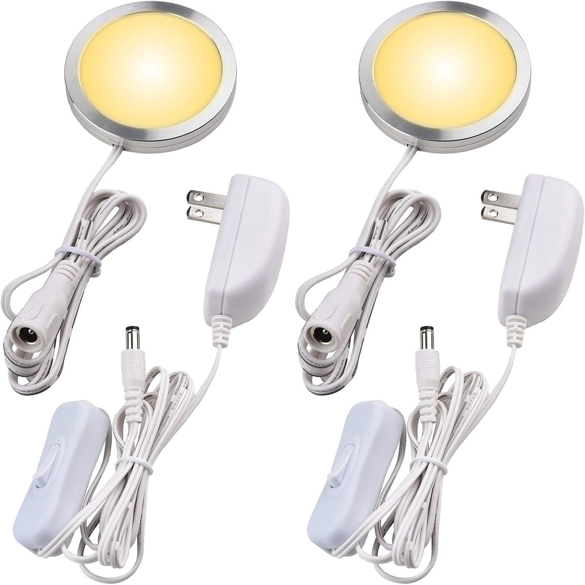Single LED Kitchen under Cabinet Puck Light, 120V Direct Wall Plug in Closet Cupboard Night Light, Easy to Mount, Inline on off Switch, White Wires, 2 Packs, Warm White
