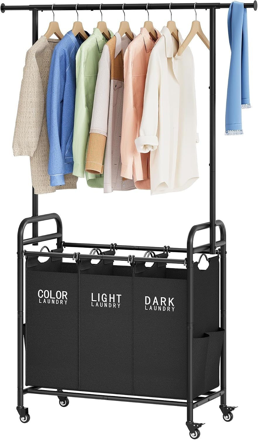 Tajsoon Laundry Sorter with Hanging Bar, 3 Section Laundry Hamper, Black