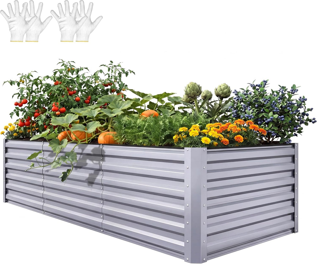YITAHOME 96X48X24 in Galvanized Raised Garden Bed Kit, Large Metal Planter Box with Gloves, Safety Rubber & Support Rod, Outdoor Flower Bed for Plants Vegetables, Silver