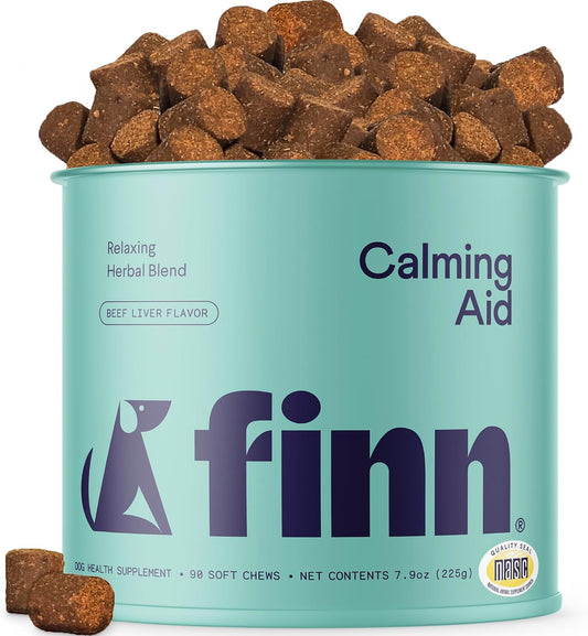 Finn Calming Aid for Dogs - Melatonin Chews for Stress & Sleep - 90 Ct | L-Theanine & Chamomile - NASC Certified - Vet-Formulated - Travel, Thunder & Separation Support