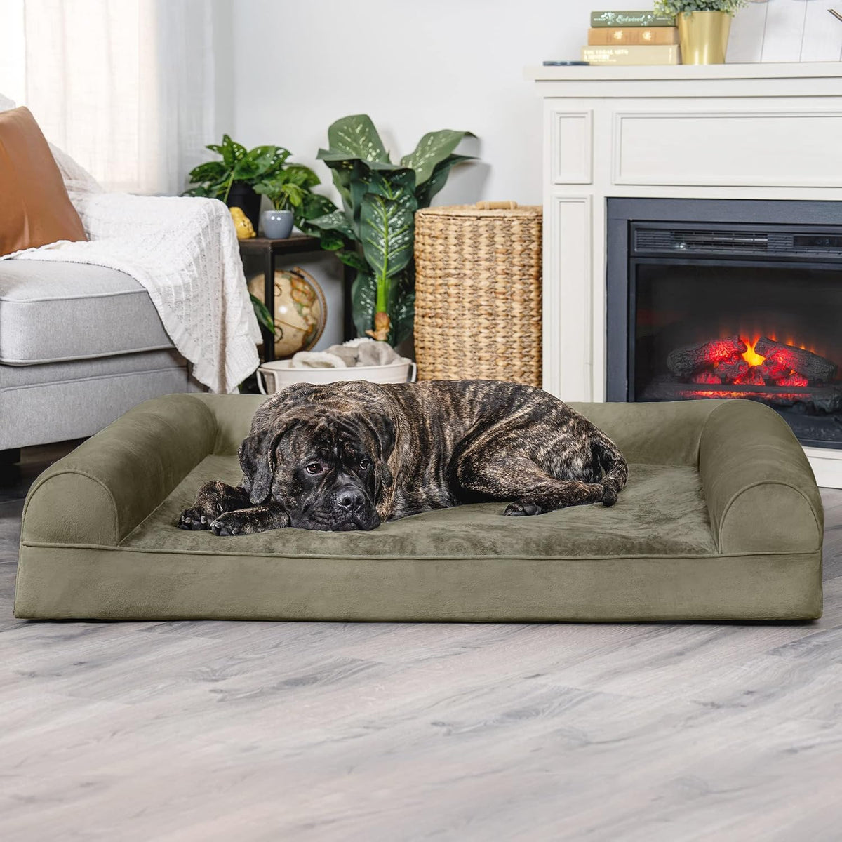 Furhaven Orthopedic Dog Bed for Large Dogs W/ Removable Bolsters & Washable Cover, for Dogs up to 125 Lbs - Faux Fur & Velvet Sofa - Dark Sage, Jumbo Plus/Xxl