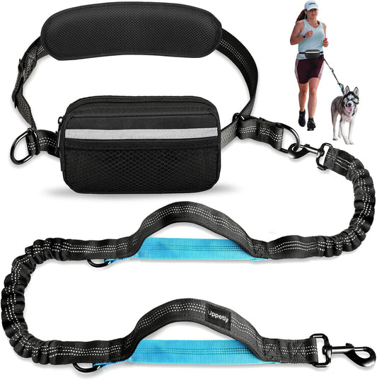 Uppetly Hands Free Dog Running Leash with Zipper Pouch, Dual Handle, Elastic Bungees Retractable Rope for Medium and Large Dogs, Waist Bag Pack Carry Phones for Walking Hiking Biking (Large, 25-120Lb)