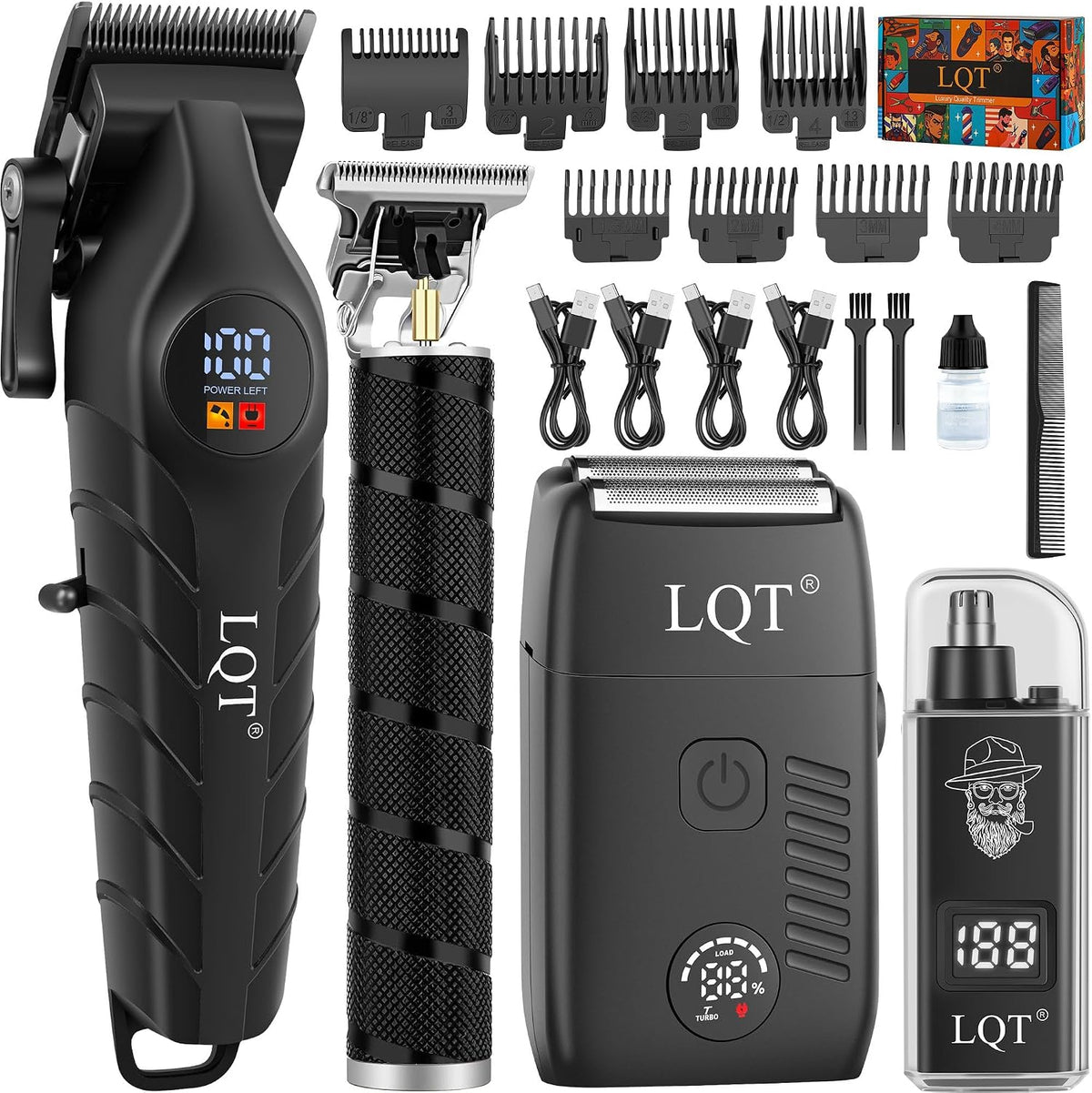 Men'S Professional Cordless Hair Clippers & Trimmer Kit, 4-In-1 Electric Shaver Set with LED Display, Waterproof Body Groomer, Nose Trimmer & T-Blade for Bald Head, Full Barber Kit (Black)