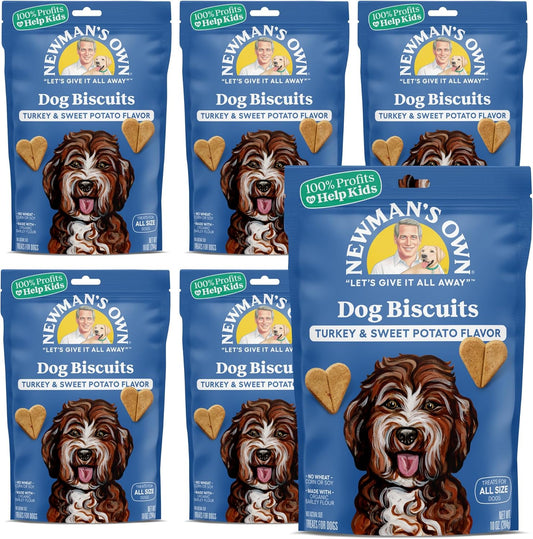Newman'S Own Turkey & Sweet Potato Dog Biscuits, 10 Oz Bag (Pack of 6) — Oven Baked Crunchy Training Treats, Organic Ingredients, No Wheat Corn or Soy, Premium Quality Wholesome Dog Cookies