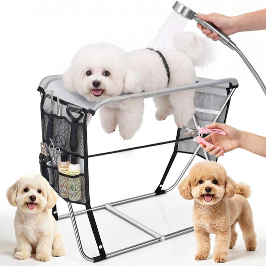 Foldable Dog Grooming Hammock with Stand for Small Dogs & Cats-30 Lbs-Gray