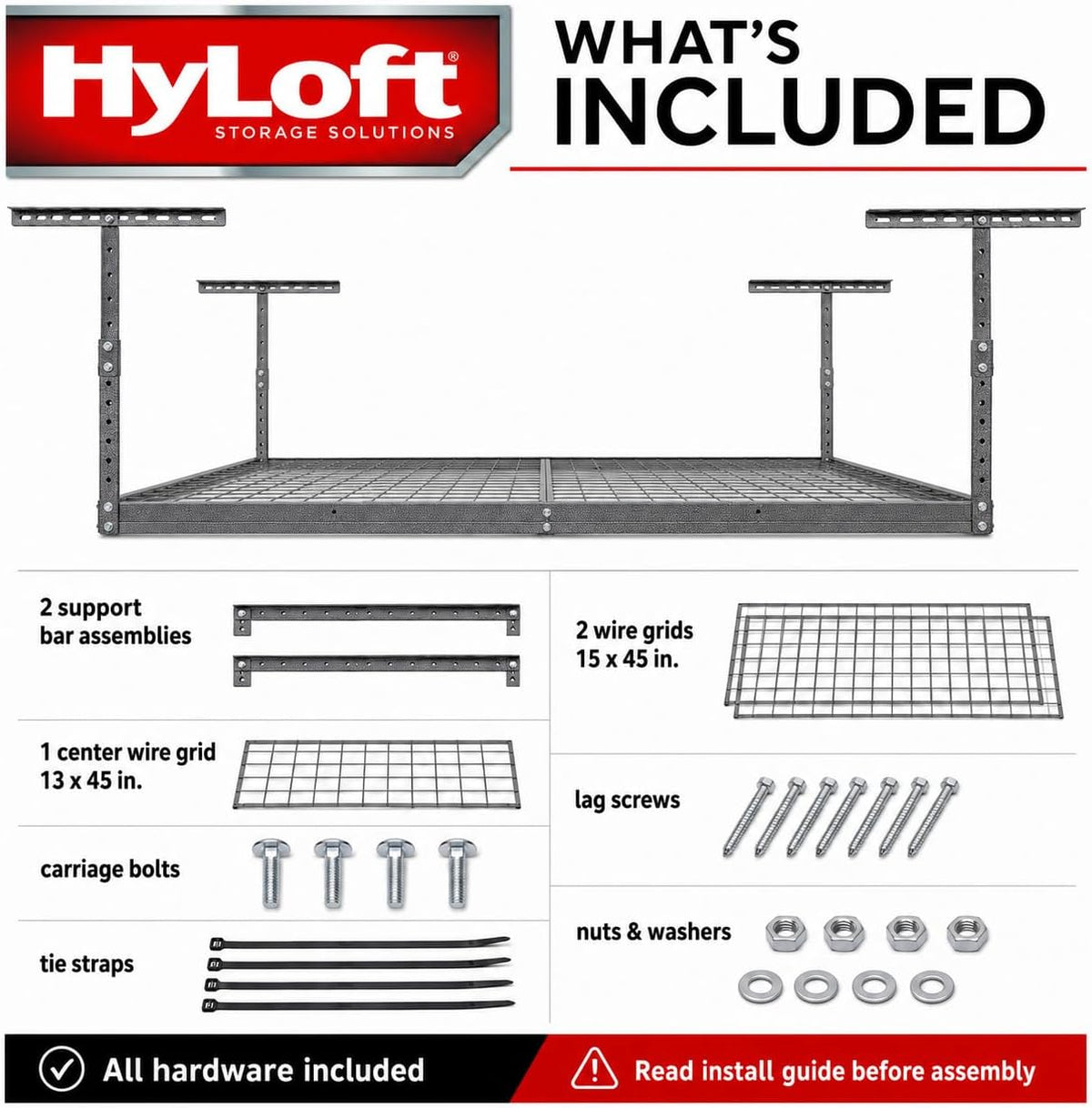 Hyloft Overhead Steel Garage Storage System, Ceiling Rack, 45-Inch X 45-Inch, 00625, Hammertone