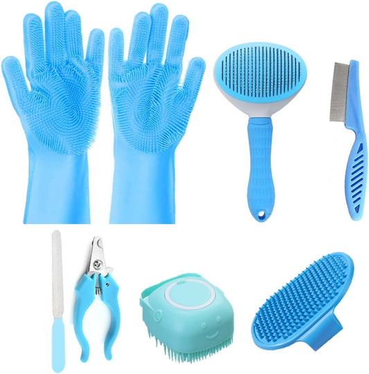 8PCS Dog Bath Supplies Set，Dog Washing Gloves，Shampoo Brush, Bath Supplies Set，Shedding Slicker Brush，Complete Pet Grooming Kit for Dog&Cat and Small Animal Grooming(8Pcs-Bath-Blue)