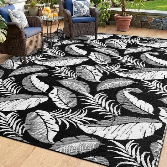 OPPODREAM Reversible Outdoor Rug 9X12, Waterproof Outdoor Plastic Straw Rug for Patio, Tropical Leaf RV Camping Rugs for Outside, Deck, Balcony, Porch, Backyard, Camping, Rv, Black and White