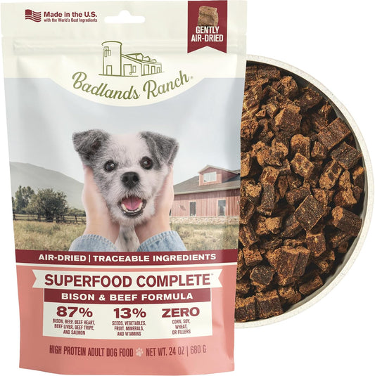 BADLANDS RANCH Air-Dried Beef & Bison Dog Food, 87% Meat, 24 Oz