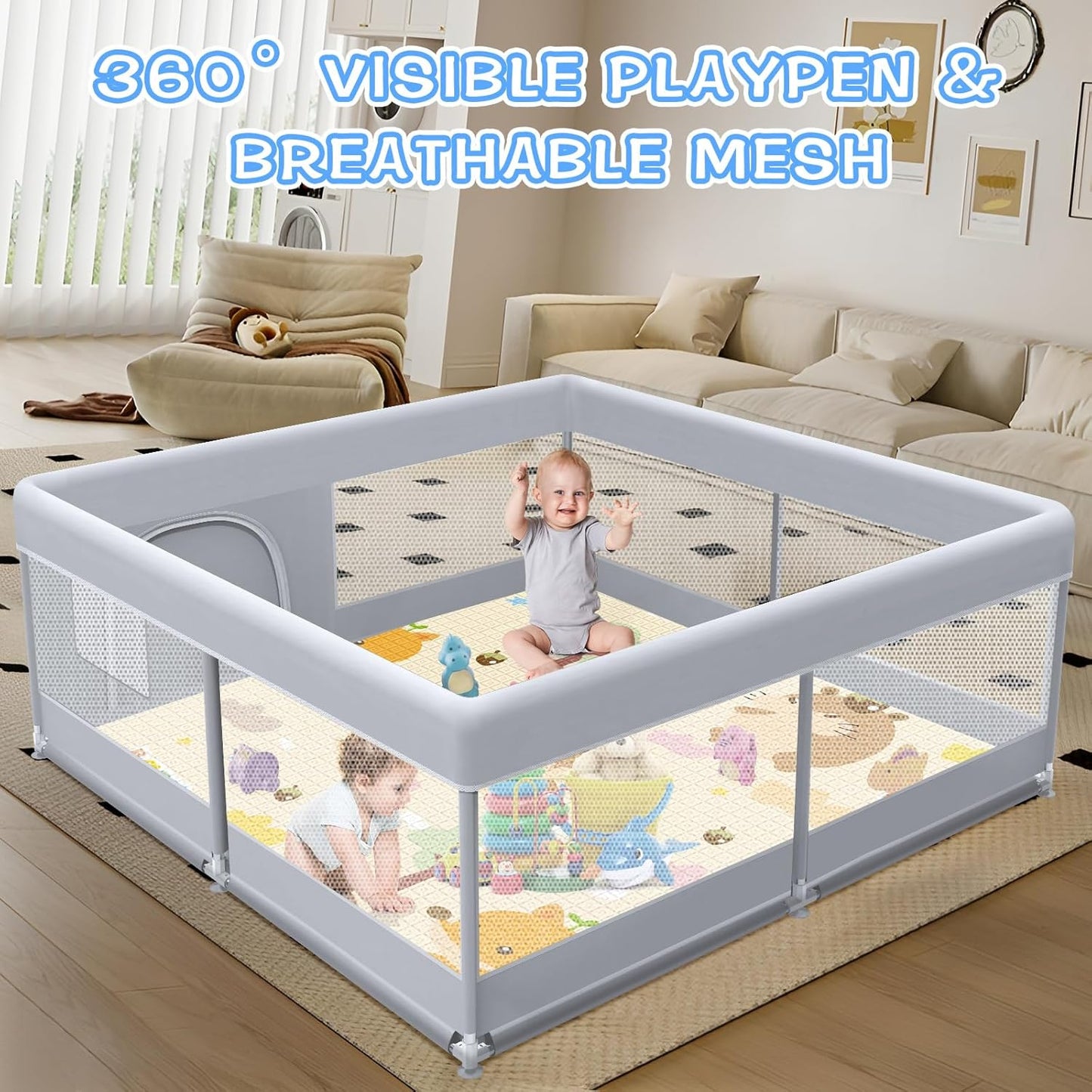 XVISHX Baby Playpen with Mat, 50X50 Inch Play Pen, Playpen for Babies and Toddlers, Baby Playard for Indoor & Outdoor Active Center Game Fence, with Skin-Friendly Fabric and Soft Breathable Mesh
