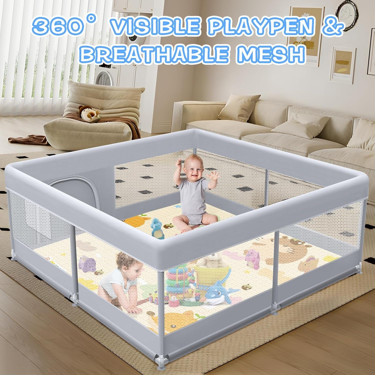 XVISHX Baby Playpen with Mat, 50X50 Inch Play Pen, Playpen for Babies and Toddlers, Baby Playard for Indoor & Outdoor Active Center Game Fence, with Skin-Friendly Fabric and Soft Breathable Mesh