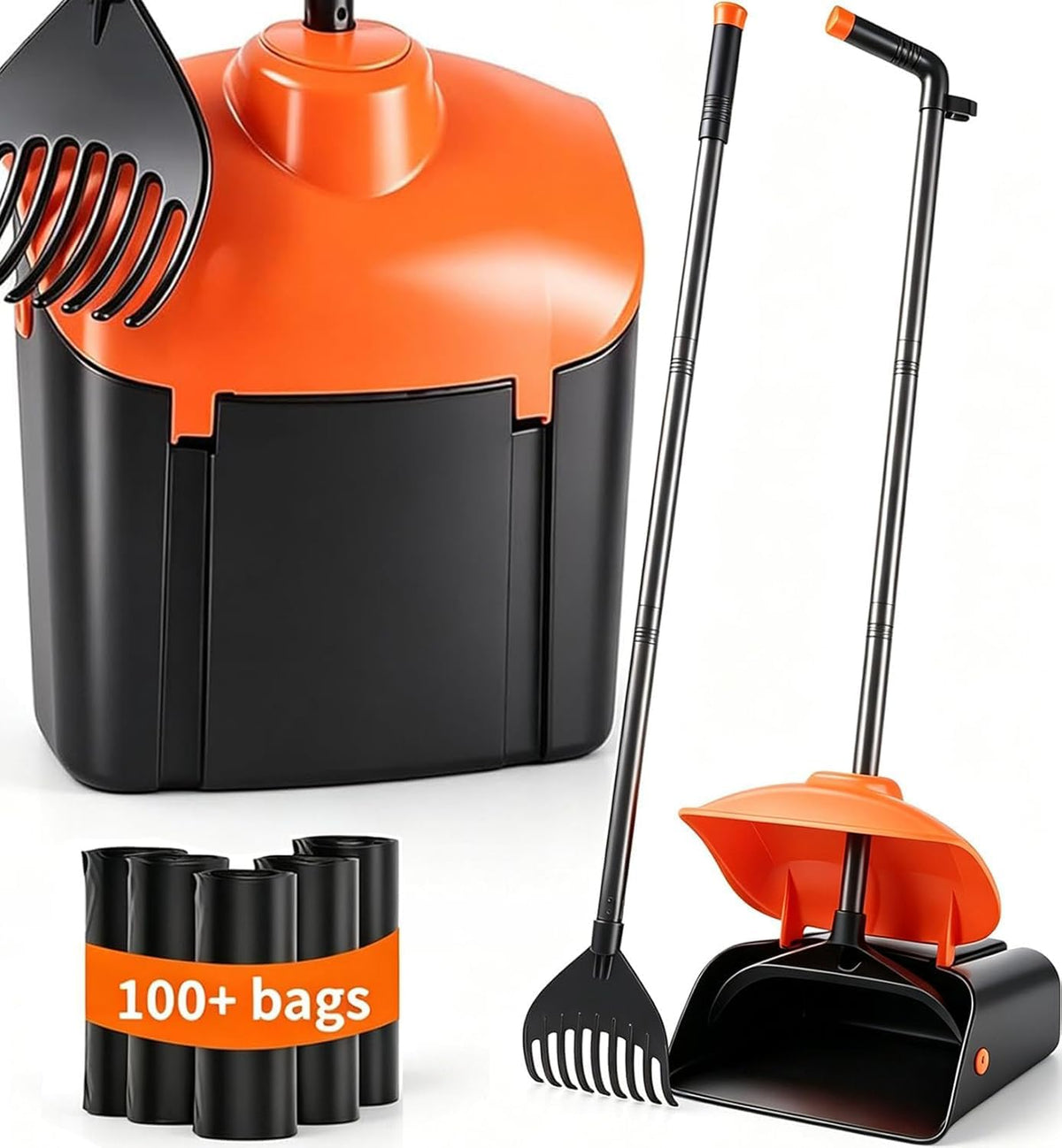 Ienjoyed 40" Tall Dog Pooper Scooper with 100 Bags Attachment, Large Capacity Swivel Bin and Rake Metal Pole, Long Handle Pooper Scooper for Large Dogs, Dog Poop Scoop for Yard (Orange)