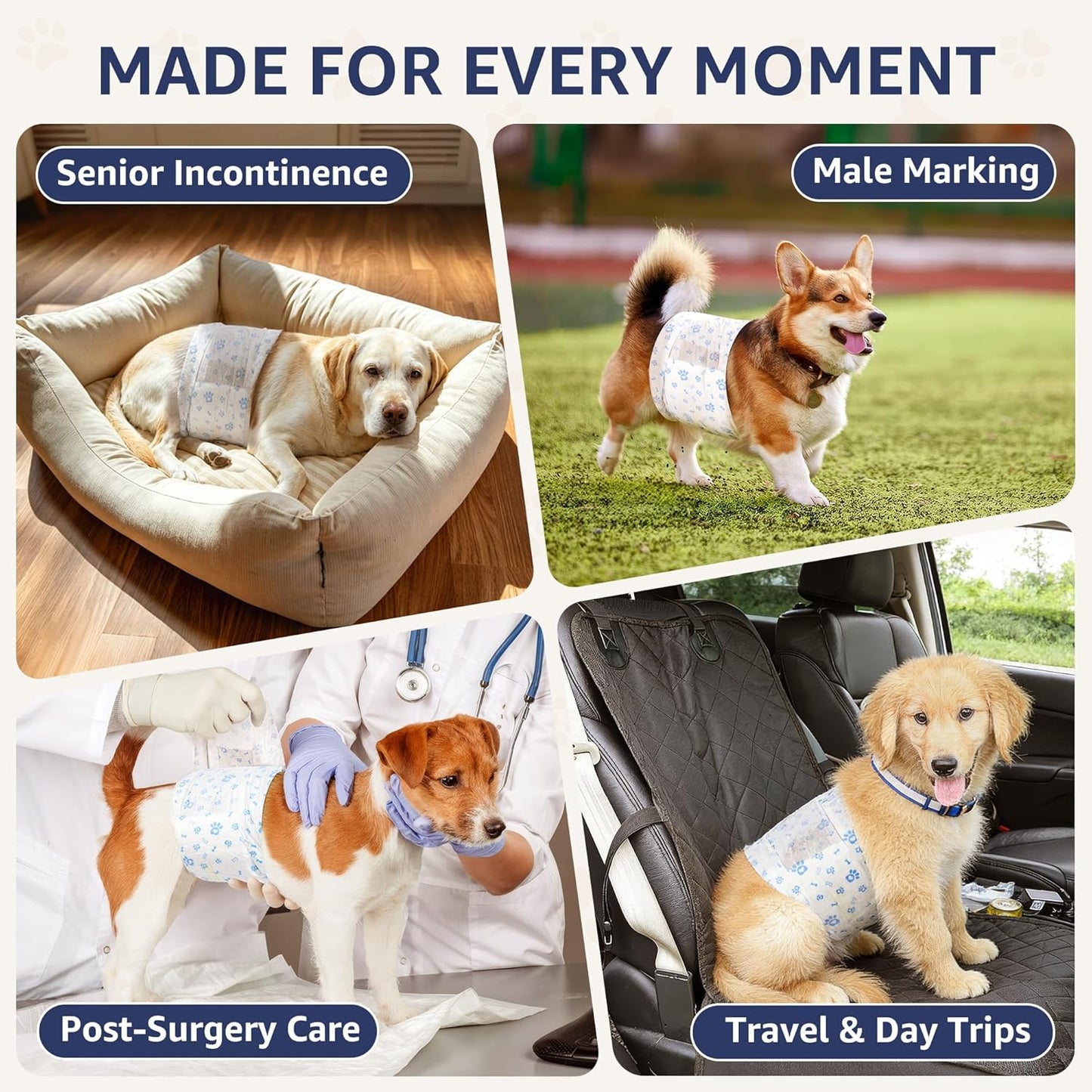 Dog Diapers Male XS, Disposable Wraps Belly Bands, 6-13", 50 Ct | 6-Layer Absorbent Core · Wetness Indicator · Soft Fit · Leak-Resistant Protection · for Teacup, Toy Breeds & Puppies