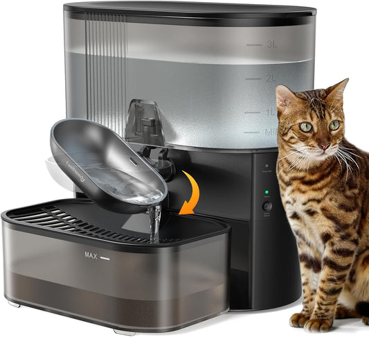 Wireless Cat Water Fountain No Filters, Wastewater Separation, FEELNEEDY Stainless Steel Bowl, 3.5L Pet Water Fountain for Cats & Dogs Dispenser, Black