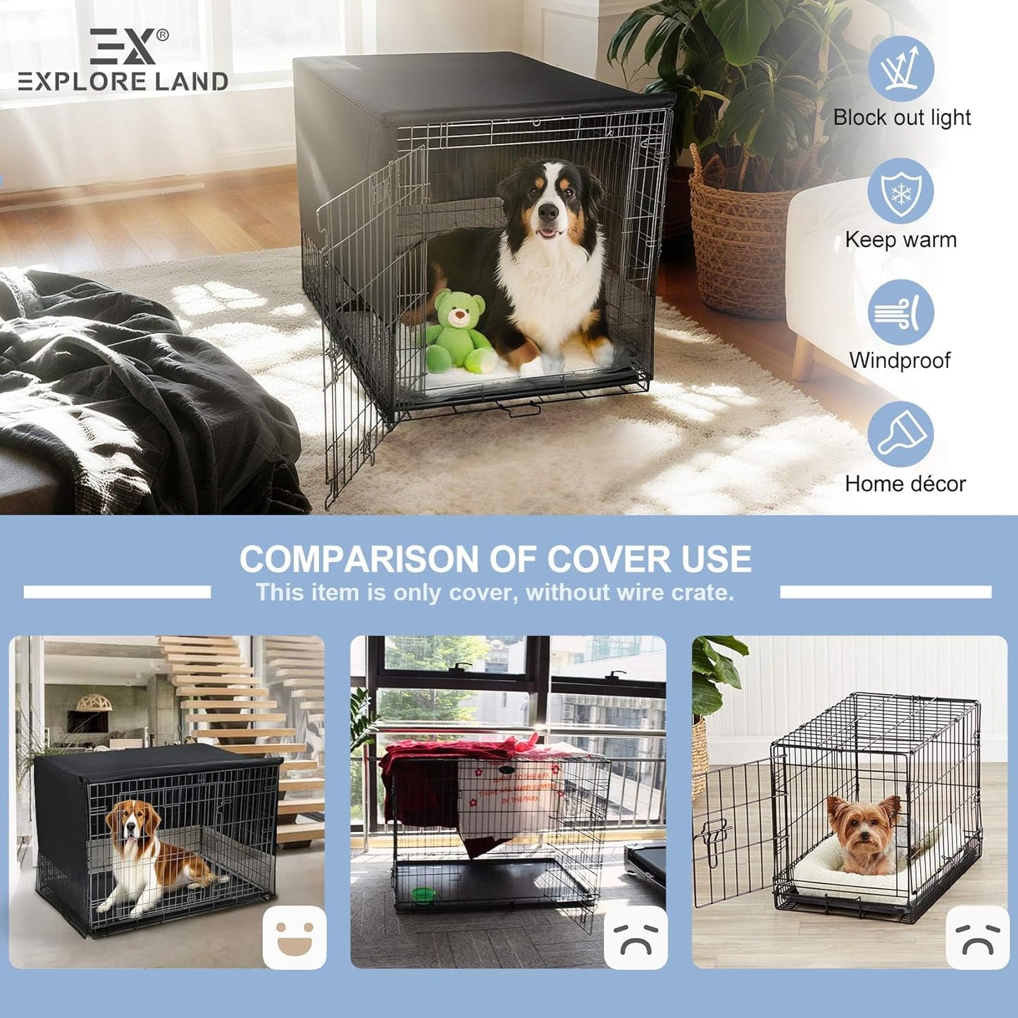 Explore Land Breathable Dog Crate Cover - 4 Sides Mesh Ventilation, Basic Pet Kennel Cover, All Sides Open, Universal Fit for 1 2 3 Doors 24 Inches Wire Dog Crate