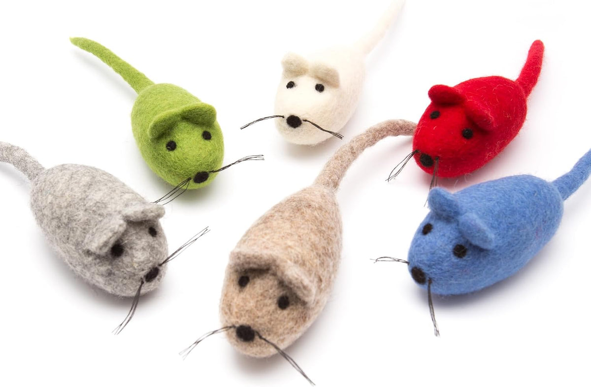 Glaciart One Felt Mouse Cat Toy – 6 Pcs | Soft Fuzzy Enrichment 100% Natural Wool - Interactive Catnip Play Cat Toy Set - Safe for Pets, Non-Azo Colored Dyes