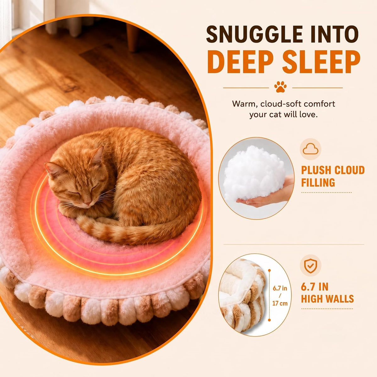 Cat Heated Bed, Electric Washable Pet Bed for Indoor Cats Small Dogs, Anti-Bite & Waterproof Design Deep Sleep Calming Thermal Bed with Adjustable Heating Pad,51×51×17Cm