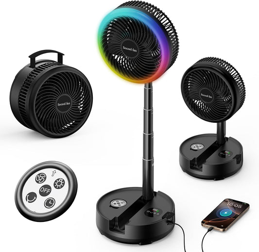 Socool 40000Mah Portable Fan Foldable Battery Rechargeable with 8 Speed & 106H, 90° Osciliating Floor Standing Fan Remote, Desk Fan with 8H Timer & LED Light for Home Outdoor Travel Camping