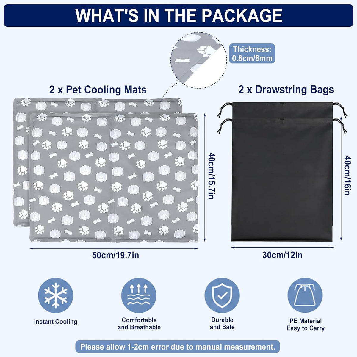 Rattanview 2 Pcs Dog Cooling Mat for Cats 16"X20" Waterproof Self Cooling Pet Pad Portable Mat for Crate Kennel Car Sofa Bed Floor Summer Indoor Outdoor Travel with 2 Pcs Travel Bags