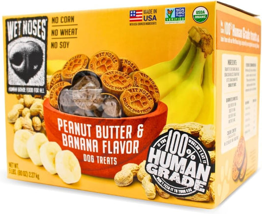 Wet Noses Organic Crunchy Dog Treats – for All Pet Sizes, Breeds – Senior Dog Snack – 100% Human-Grade – Delicious Chews for Dogs – Grain-Free Peanut Butter & Banana, 5 Lb. Package May Vary.