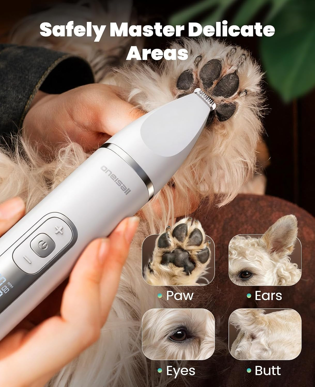 Oneisall 4 in 1 Dog Grooming Kit with LCD Display, Dog Hair Trimmer for Paw Nail Grinder, Rechargeable Cordless Low Noise IPX7 Waterproof Pet Clippers (White)